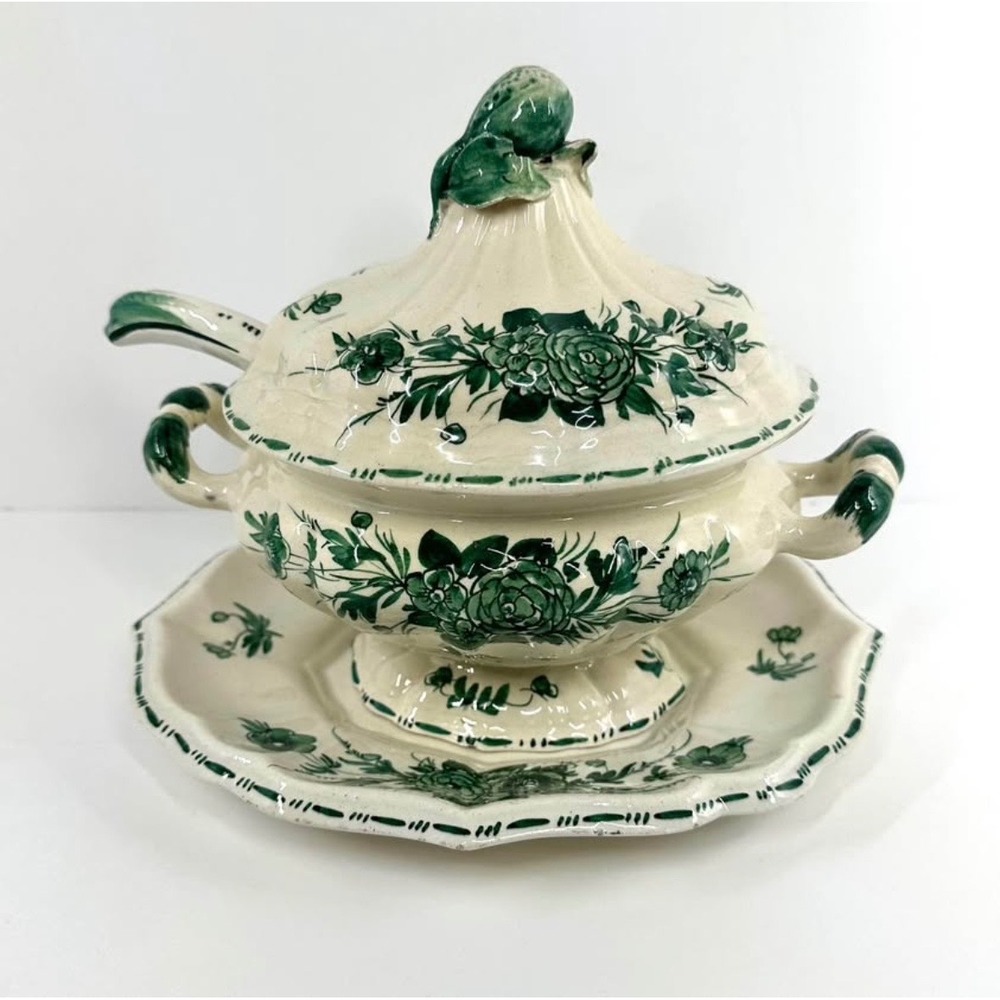 Vintage Italy Nove Hand Painted Green Floral Ceramic Soup Tureen Ladle Plate Set